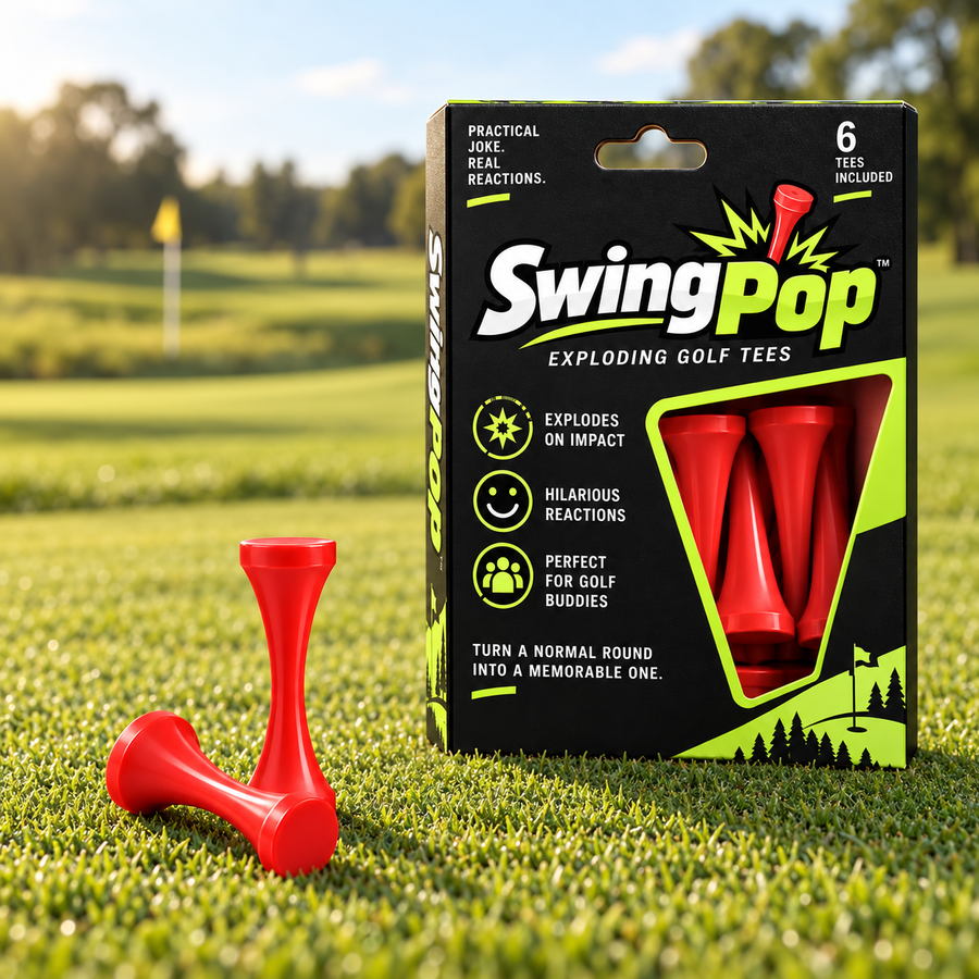 SwingPop six-pack and red novelty tees on a golf course